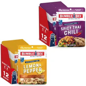 Bumble Bee Seasoned Tuna Pouch Bold Flavors Bulk Bundle (24 Total Pouches) - Lemon & Pepper Tuna and Spicy Thai Chili Tuna - Ready to Eat 2.5 oz Packets