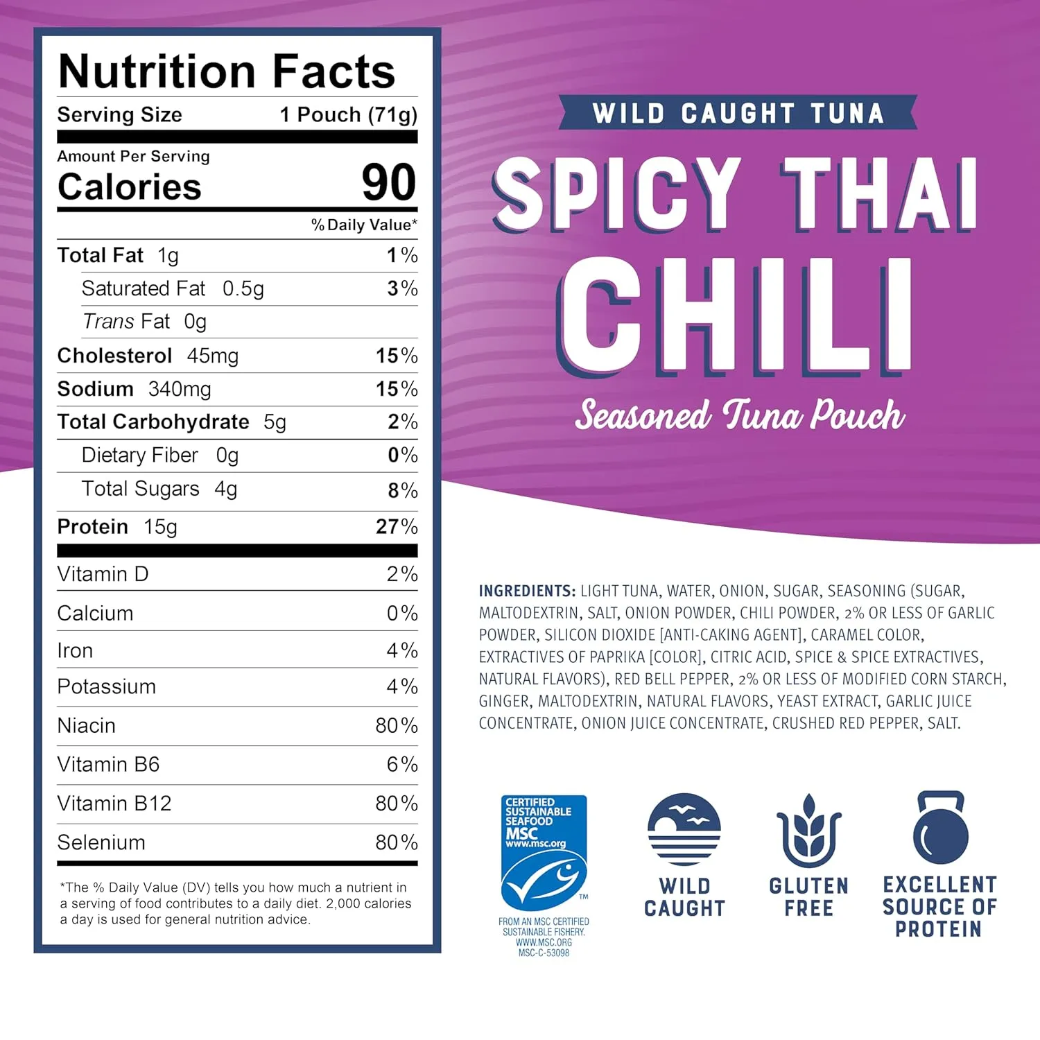 Bumble Bee Spicy Thai Chili Seasoned Tuna, 2.5 oz Pouches (Pack of 12) - Ready to Eat - Wild Caught Tuna Packet - 15g Protein per Serving - Gluten Free