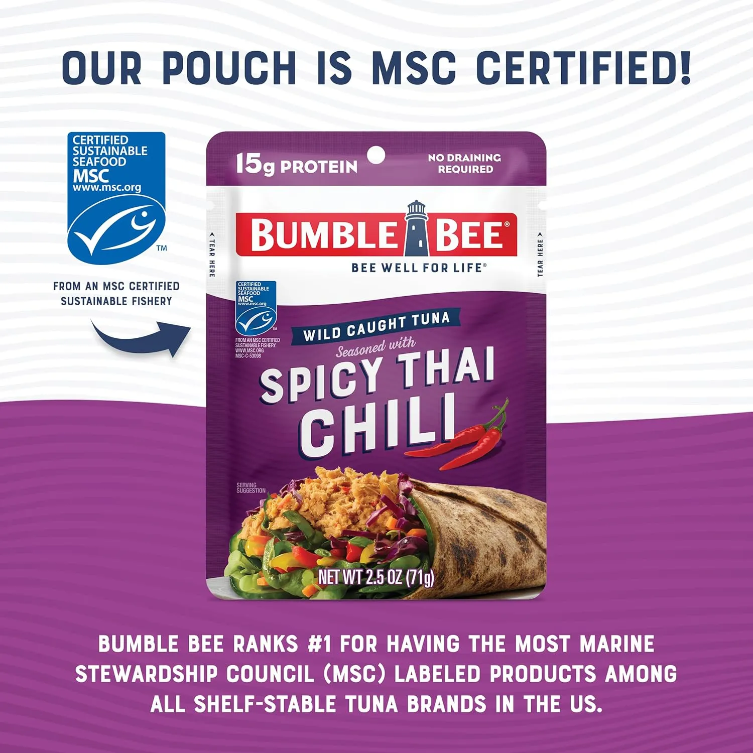 Bumble Bee Spicy Thai Chili Seasoned Tuna, 2.5 oz Pouches (Pack of 12) - Ready to Eat - Wild Caught Tuna Packet - 15g Protein per Serving - Gluten Free