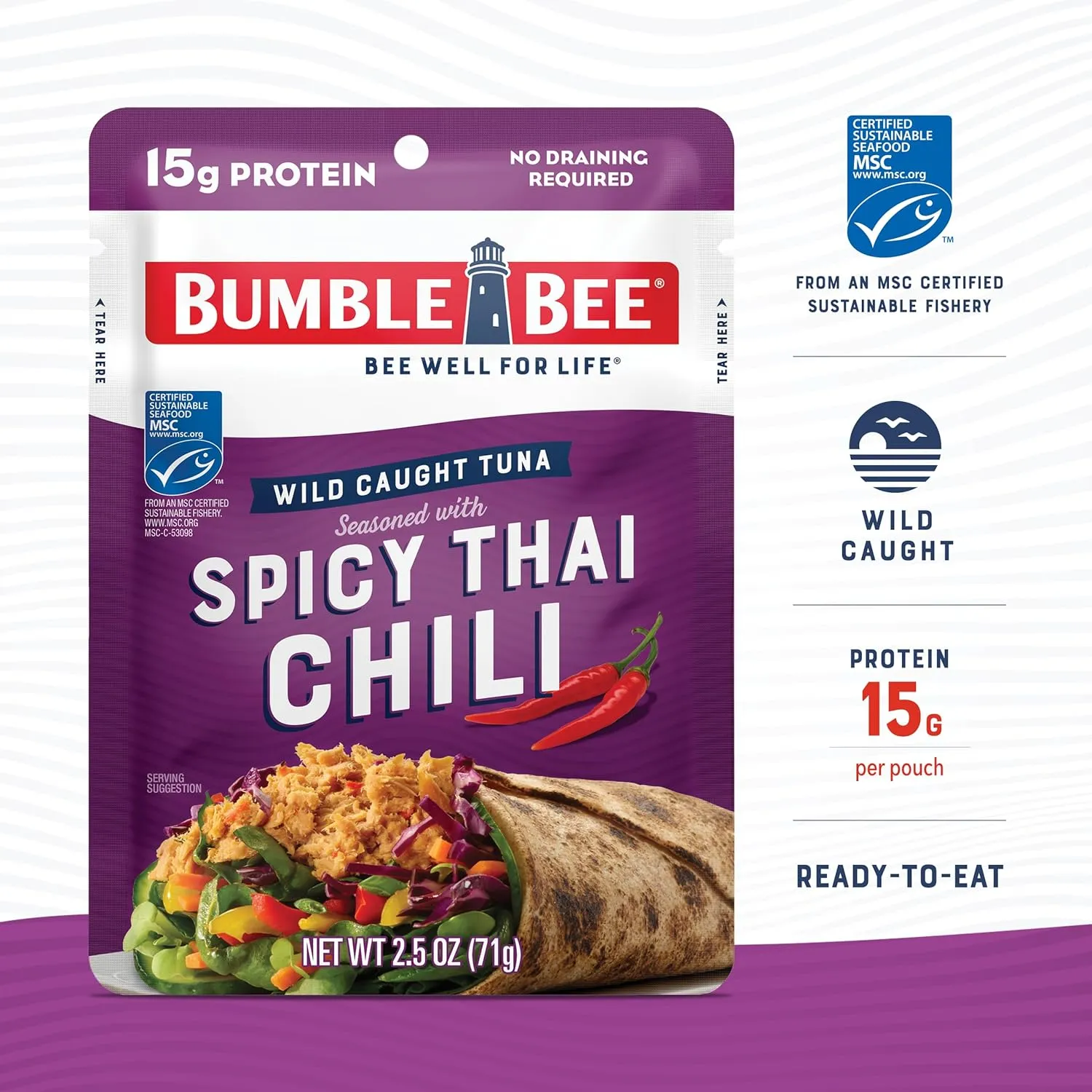 Bumble Bee Spicy Thai Chili Seasoned Tuna, 2.5 oz Pouches (Pack of 12) - Ready to Eat - Wild Caught Tuna Packet - 15g Protein per Serving - Gluten Free
