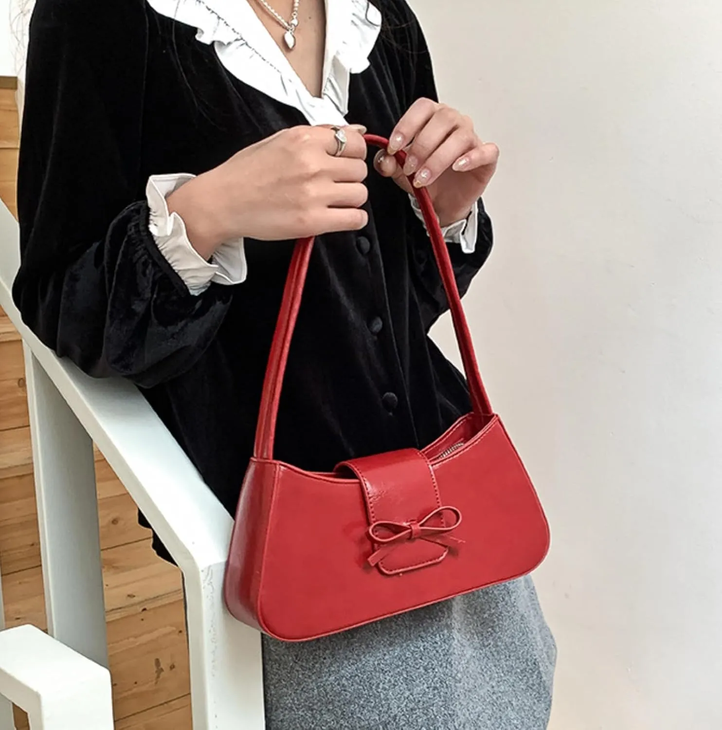 Cabernet Red Patent Leather Shoulder Bag - Coquette Handbag With Bow - Y2k Style Aesthetic Accessory