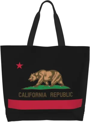 California Republic Flag Canvas Tote Bags for Women, Ladies Shoulder Handbags Large Purse Lightweight Foldable Reusable Shopping Bag with Pockets for Work, Travel, 15.7x19.7in