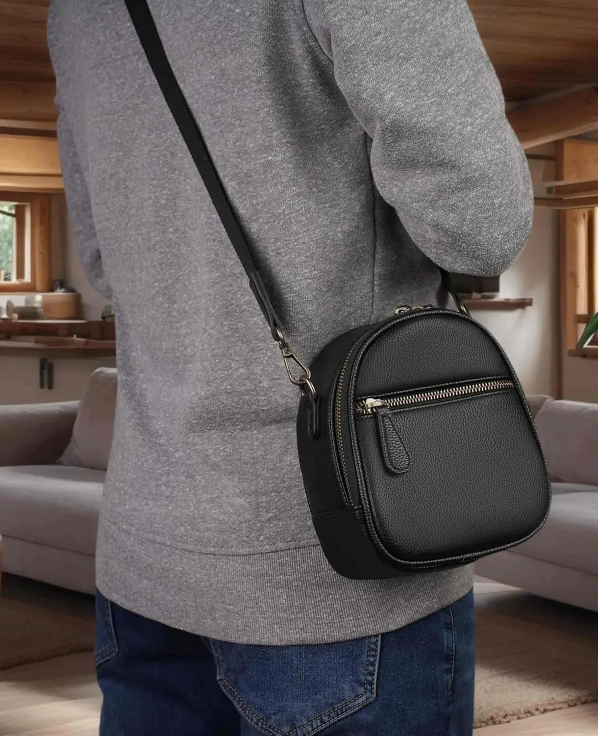 Camera Sling Bag, Waterproof PU Leather Crossbody Camera Bag for DSLR/SLR/Mirrorless, Small Shockproof Case for Photographers, Mini Cute Case 2L Black