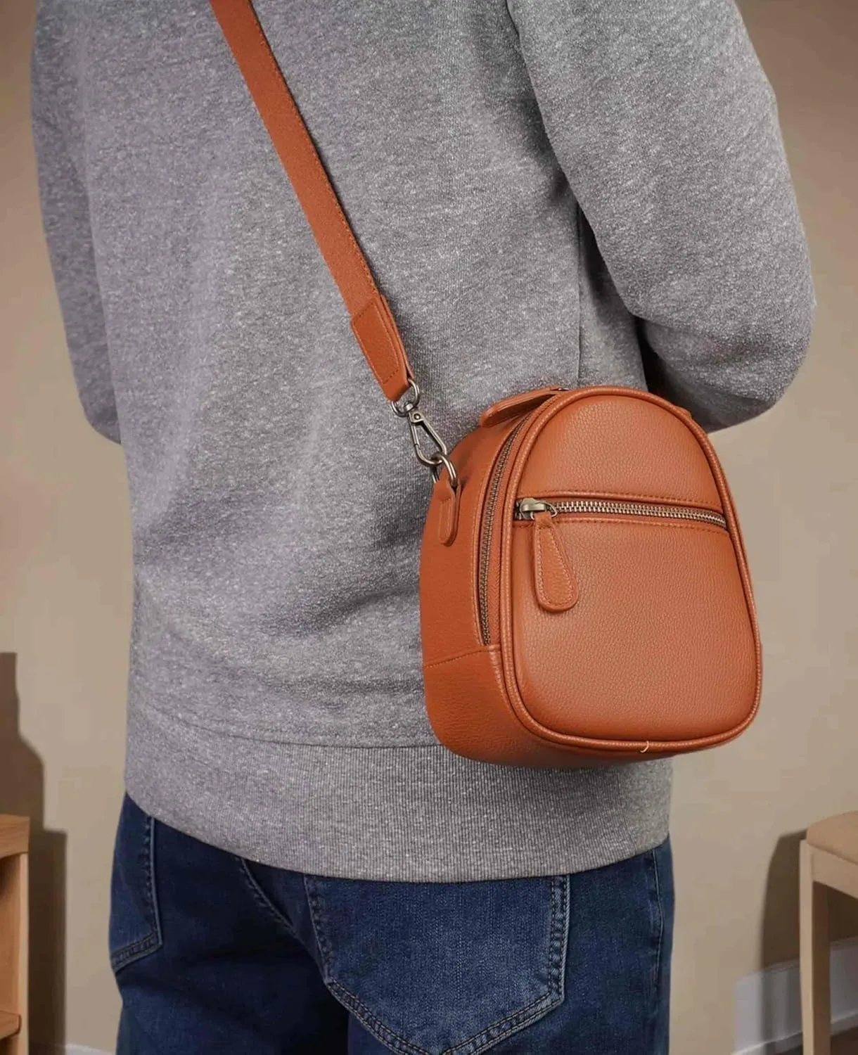 Camera Sling Bag, Waterproof PU Leather Crossbody Camera Bag for DSLR/SLR/Mirrorless, Small Shockproof Case for Photographers, Mini Cute Case 2L Brown