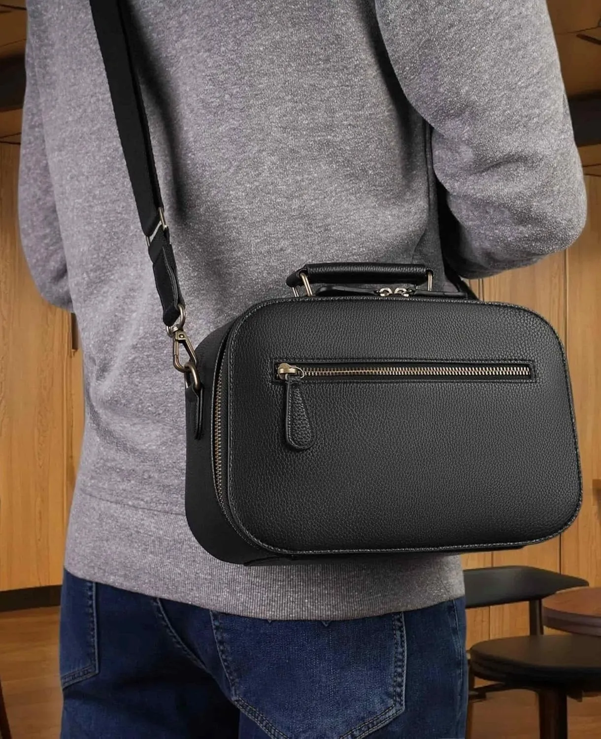 Camera Sling Bag, Waterproof PU Leather Crossbody Camere Bag for Photographers, Small Shockproof Case with Removable Dividers for DSLR/SLR/Mirrorless, 4L Black