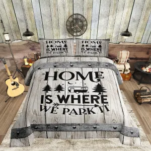 Camper RV Comforter Set Queen Size,Camping Travel Trailer Decor Bedding Set 3pcs for Kids Boys Girls Adults,Vintage Wooden Plank Cottage Down Comforter,Rustic Farmhouse Duvet Insert,2 Pillowcases