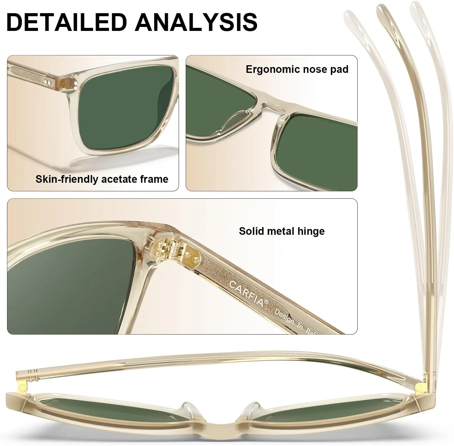CARFIA Retro Polarized Sunglasses for Men UV Protection Hand-crafted Acetate Frame Fashion Cool Sun Glasses CA53572