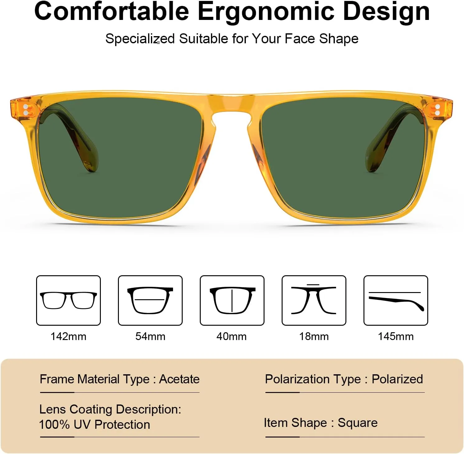 CARFIA Retro Polarized Sunglasses for Men UV Protection Hand-crafted Acetate Frame Fashion Cool Sun Glasses CA53572
