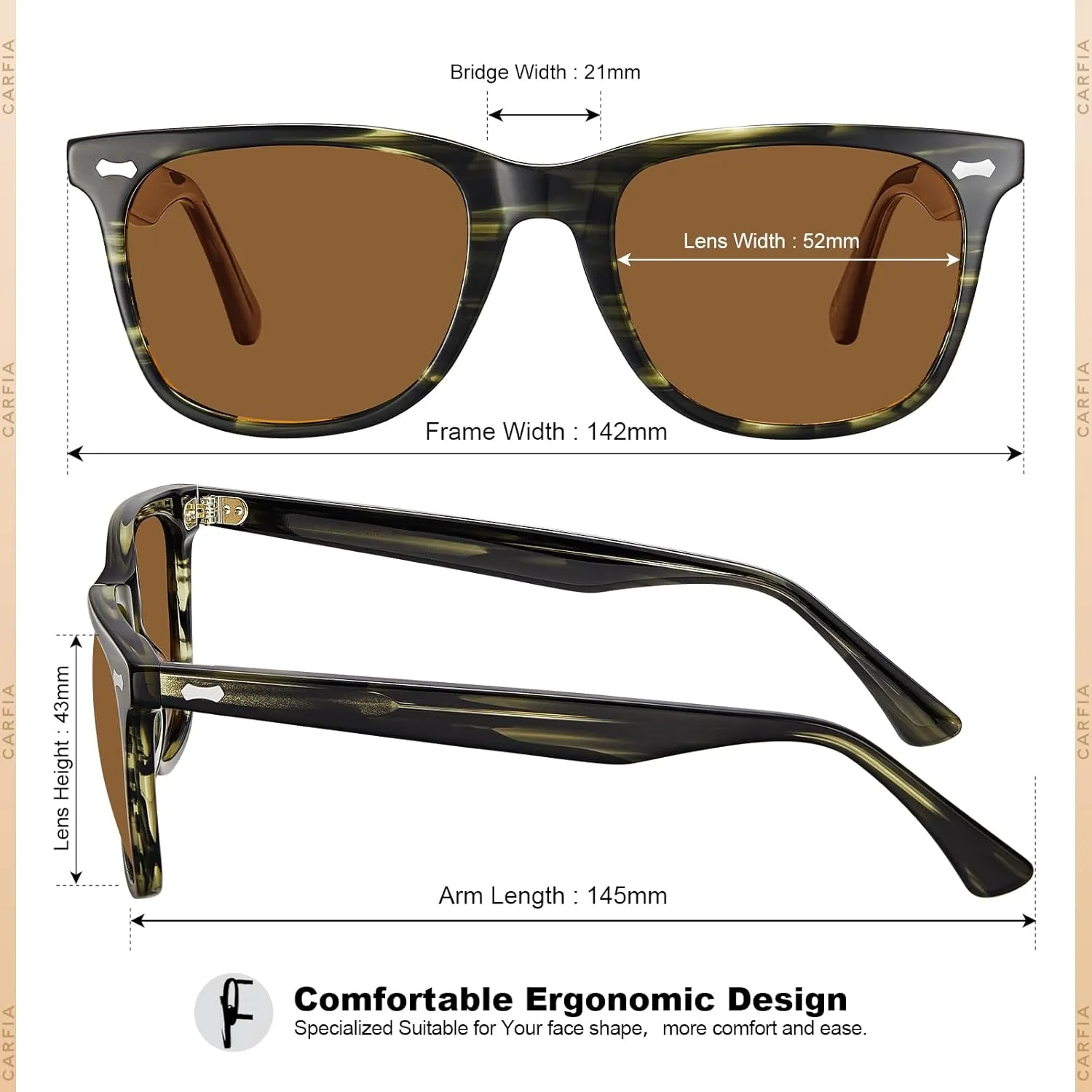 CARFIA Square Polarized Sunglasses for Men UV400 Protection Retro Acetate Italian Hand-crafted Driving Shades