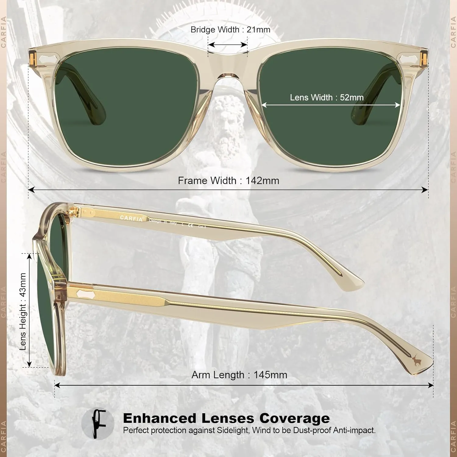 CARFIA Square Polarized Sunglasses for Men UV400 Protection Retro Acetate Italian Hand-crafted Driving Shades