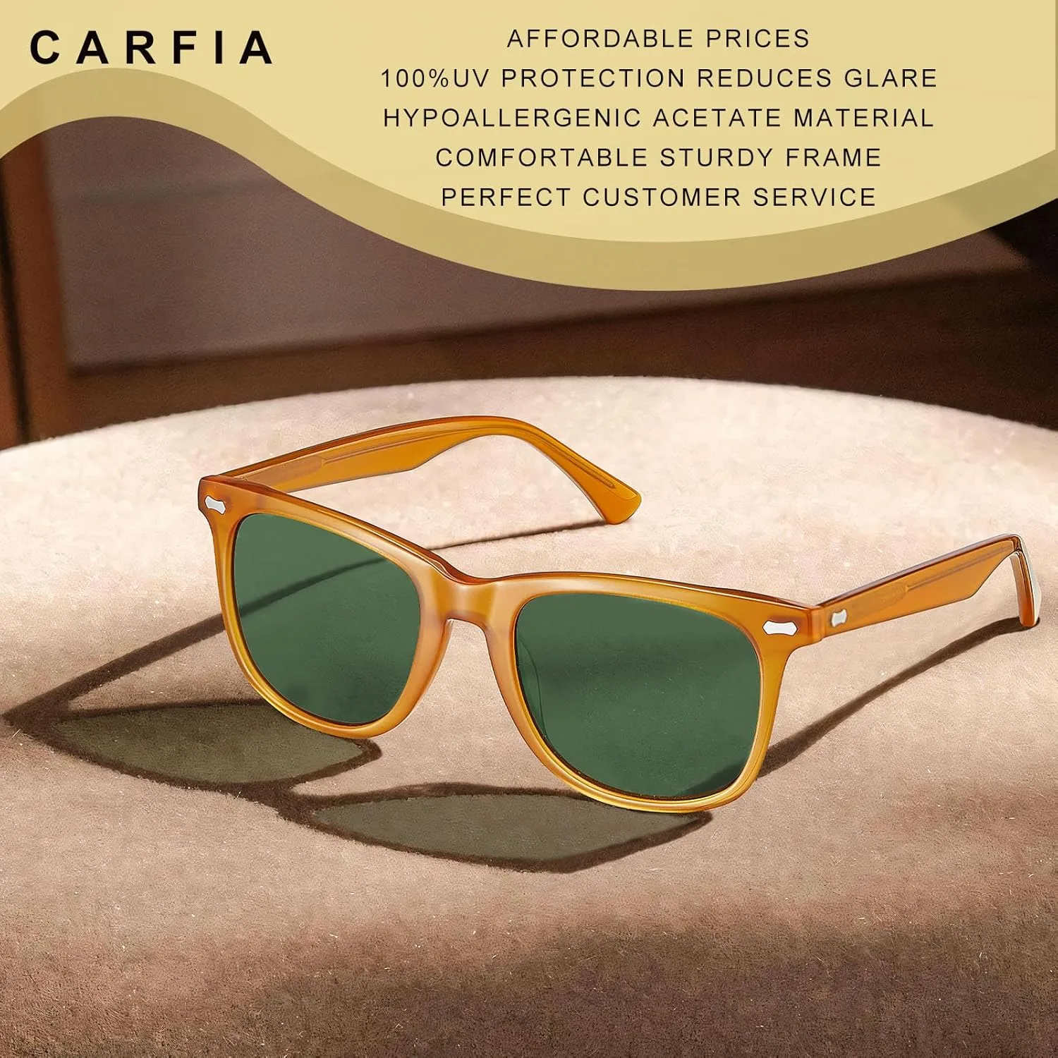 CARFIA Square Polarized Sunglasses for Men UV400 Protection Retro Acetate Italian Hand-crafted Driving Shades