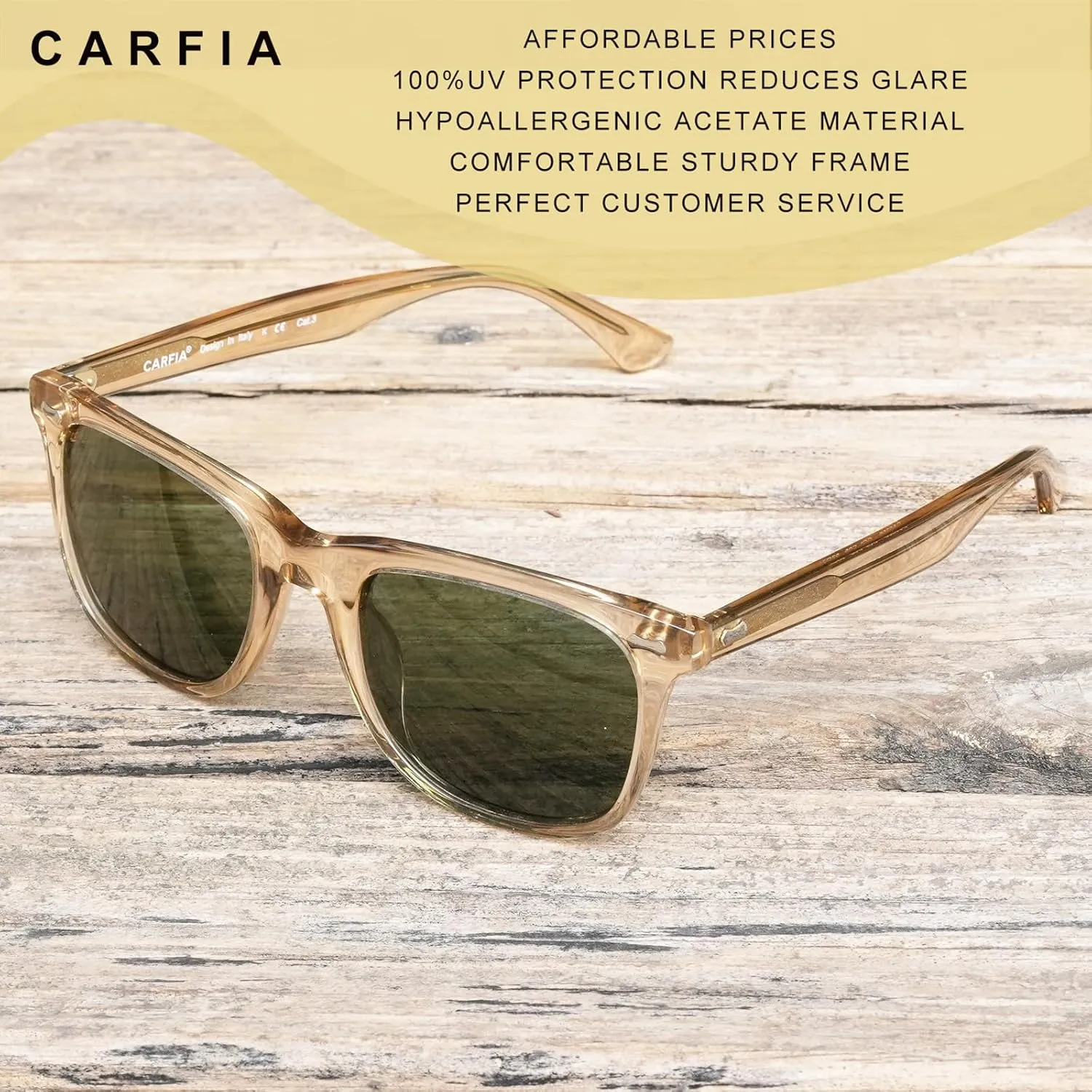 CARFIA Square Polarized Sunglasses for Men UV400 Protection Retro Acetate Italian Hand-crafted Driving Shades