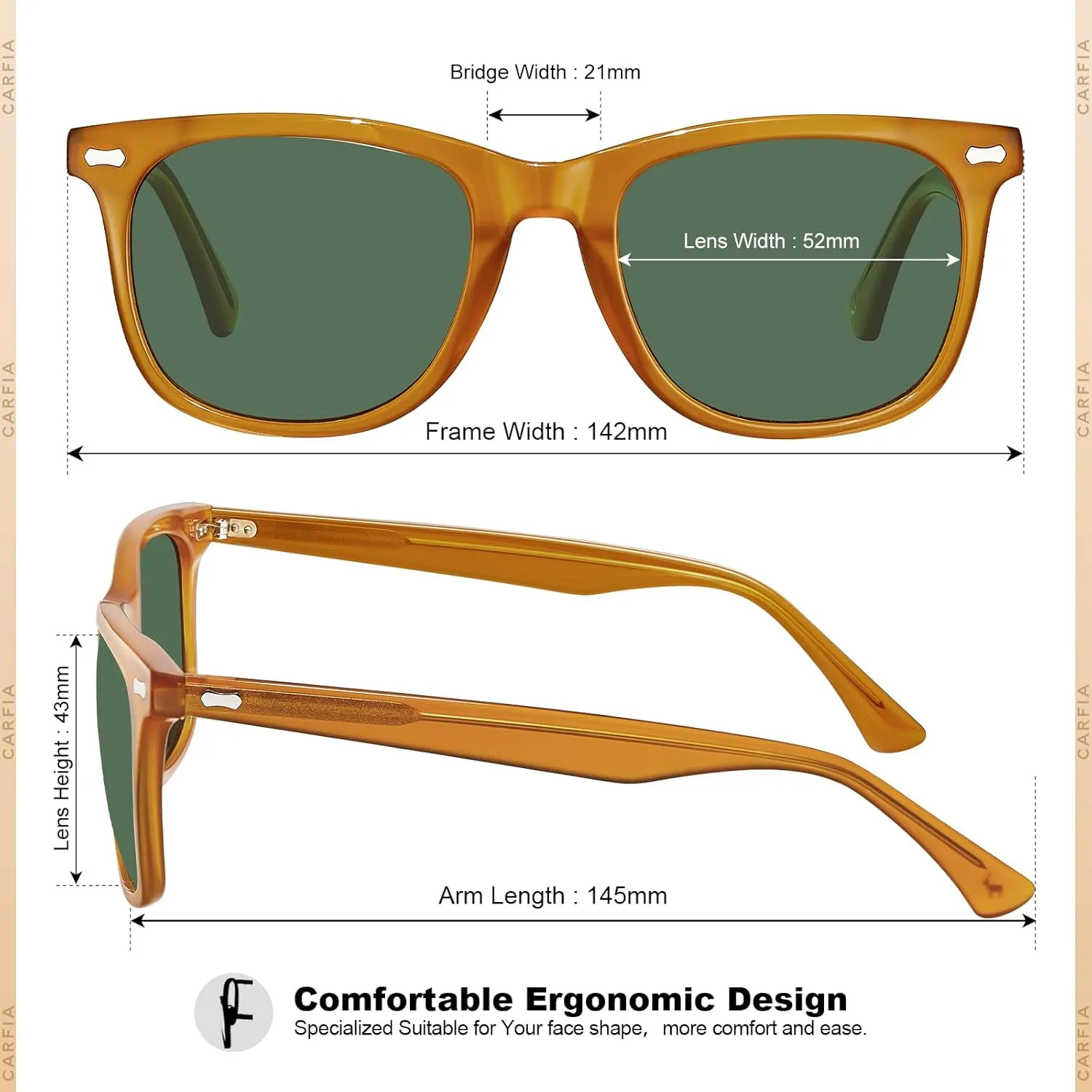 CARFIA Square Polarized Sunglasses for Men UV400 Protection Retro Acetate Italian Hand-crafted Driving Shades