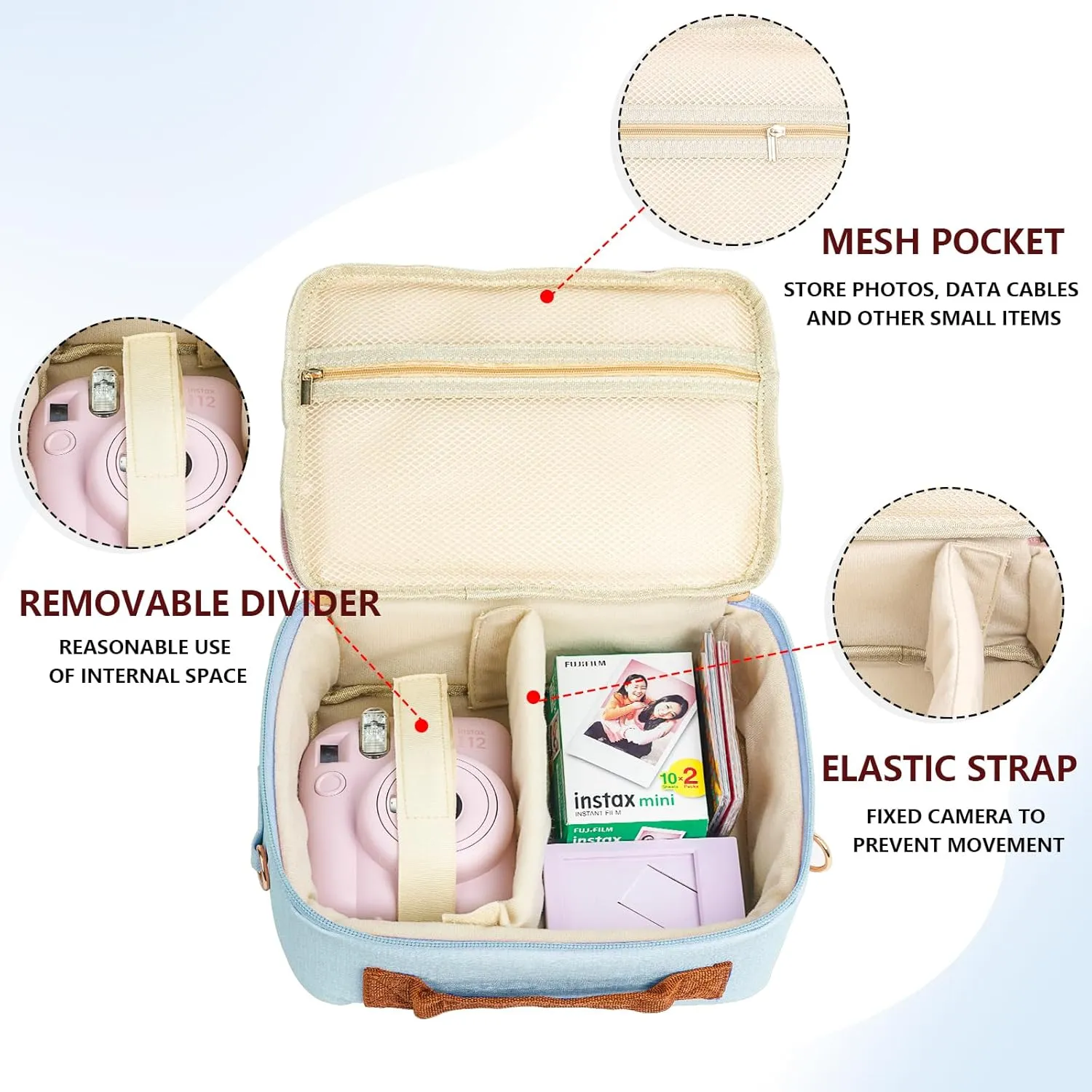 Carrying Protective Bag for Fujifilm Instax Mini 12/11/99/9/EVO/40/90/Link2/Liplay Camera Universal digital camera Case with Shoulder Strap Accessories Bundle(White)