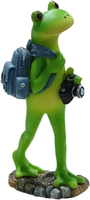 Cartoon Frog Resin Figurine with Bag and Camera Collectible Travel Frog Statue Model Artwork Cute Craft Decor for Home and Garden Frog Lovers