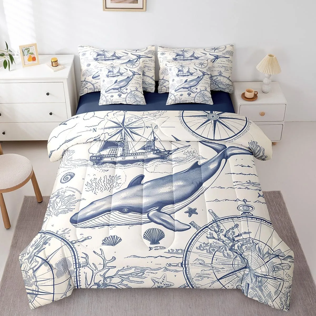 Castle Fairy Whale Pattern Full Comforter Set with Sheets for Boys Girls Navigation Theme Print Bed in a Bag Sailing Compass 7 Pieces Bedding Set Bedroom Decor Adventure Travel Bed Set
