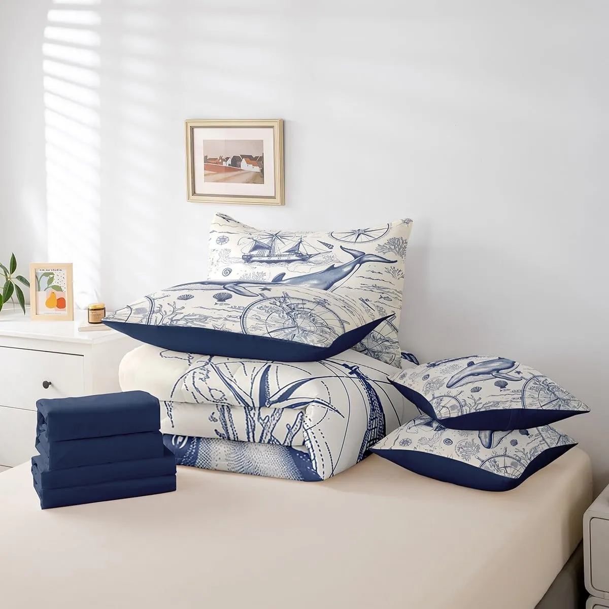 Castle Fairy Whale Pattern Full Comforter Set with Sheets for Boys Girls Navigation Theme Print Bed in a Bag Sailing Compass 7 Pieces Bedding Set Bedroom Decor Adventure Travel Bed Set