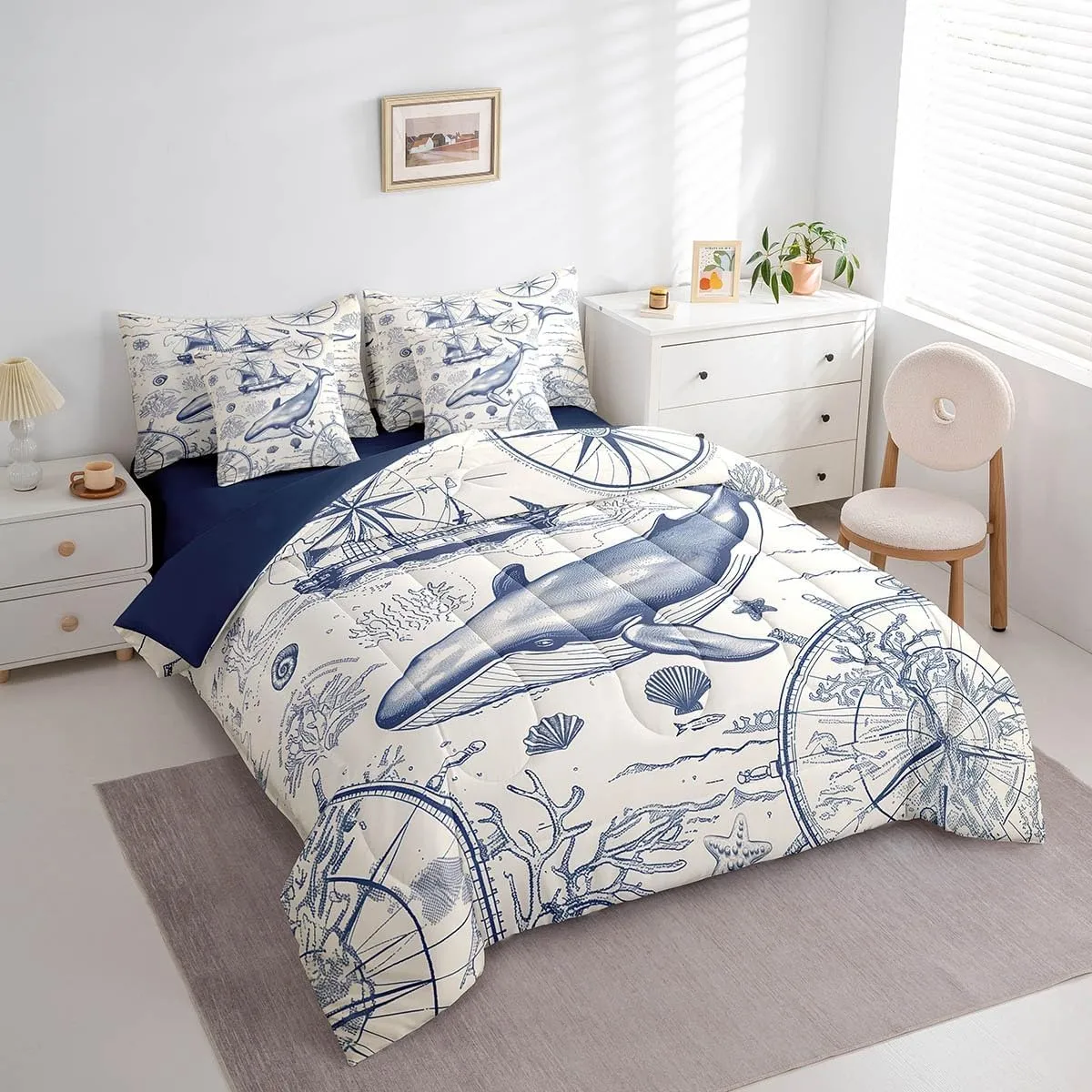 Castle Fairy Whale Pattern Full Comforter Set with Sheets for Boys Girls Navigation Theme Print Bed in a Bag Sailing Compass 7 Pieces Bedding Set Bedroom Decor Adventure Travel Bed Set