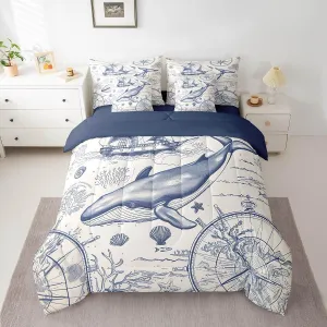Castle Fairy Whale Pattern Full Comforter Set with Sheets for Boys Girls Navigation Theme Print Bed in a Bag Sailing Compass 7 Pieces Bedding Set Bedroom Decor Adventure Travel Bed Set