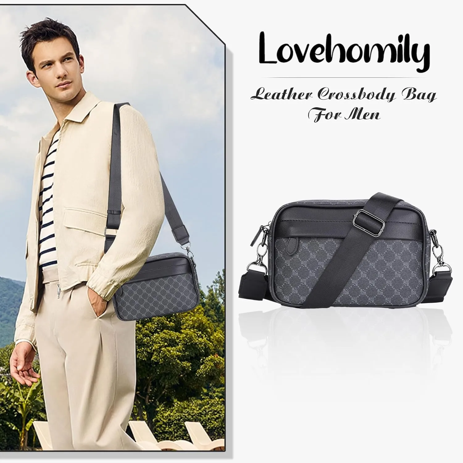 Casual Business Men Shoulder Bag Wide Strap Men Shoulder Crossbody Bag Small Square Plaid Designer for Travel Work