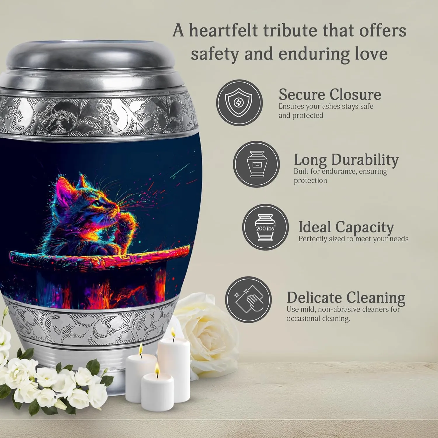 Cat Urn for Human Ashes Adult Male - 10” Large Cremation Memorial Box - Blue Keepsake for Men & Parents (Velvet Bag)