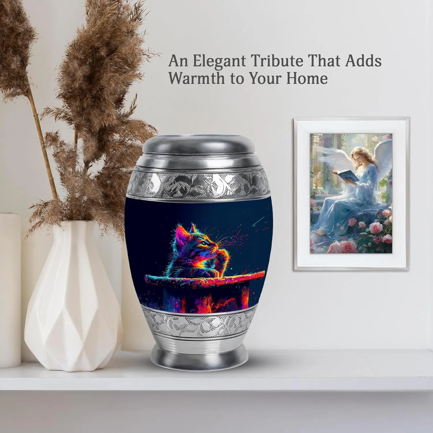 Cat Urn for Human Ashes Adult Male - 10” Large Cremation Memorial Box - Blue Keepsake for Men & Parents (Velvet Bag)