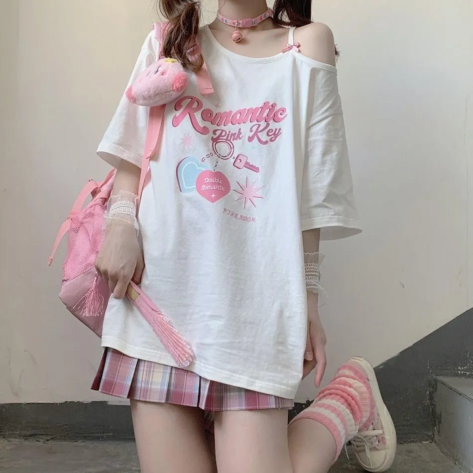 CEINOM Women Kawaii Off Shoulder T-shirt Harajuku Girl White Tops Y2k Aesthetic Cute Graphic Tees Japanese