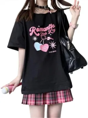 CEINOM Women Kawaii Off Shoulder T-shirt Harajuku Girl White Tops Y2k Aesthetic Cute Graphic Tees Japanese