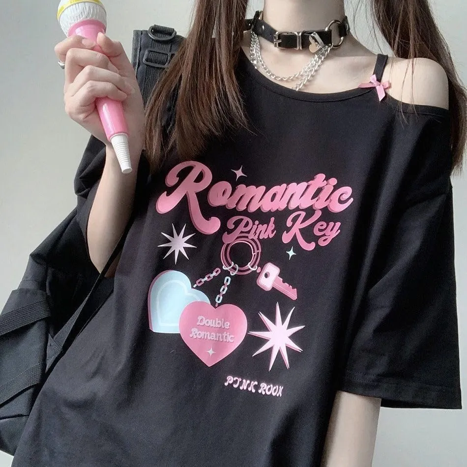 CEINOM Women Kawaii Off Shoulder T-shirt Harajuku Girl White Tops Y2k Aesthetic Cute Graphic Tees Japanese