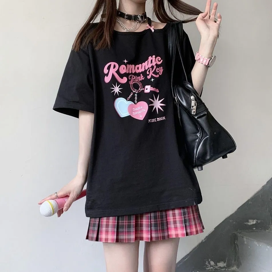 CEINOM Women Kawaii Off Shoulder T-shirt Harajuku Girl White Tops Y2k Aesthetic Cute Graphic Tees Japanese