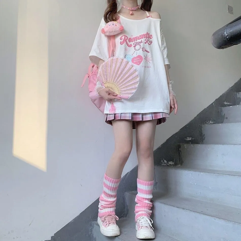 CEINOM Women Kawaii Off Shoulder T-shirt Harajuku Girl White Tops Y2k Aesthetic Cute Graphic Tees Japanese