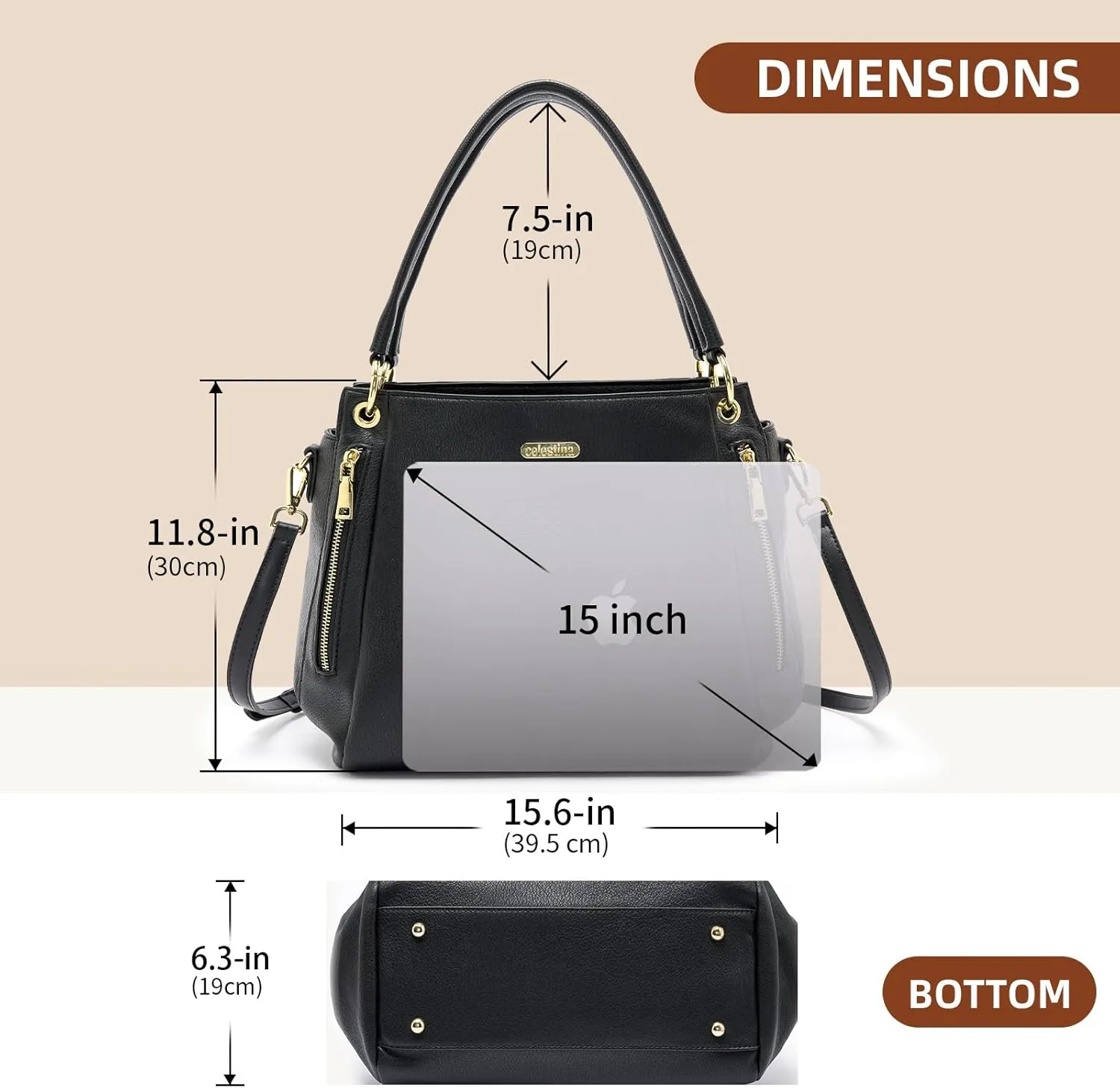 celestina Women Tote Bag Medium Designer Satchel Handbag, Top-Handle Purse with Strap, Fits 15-inch Laptop