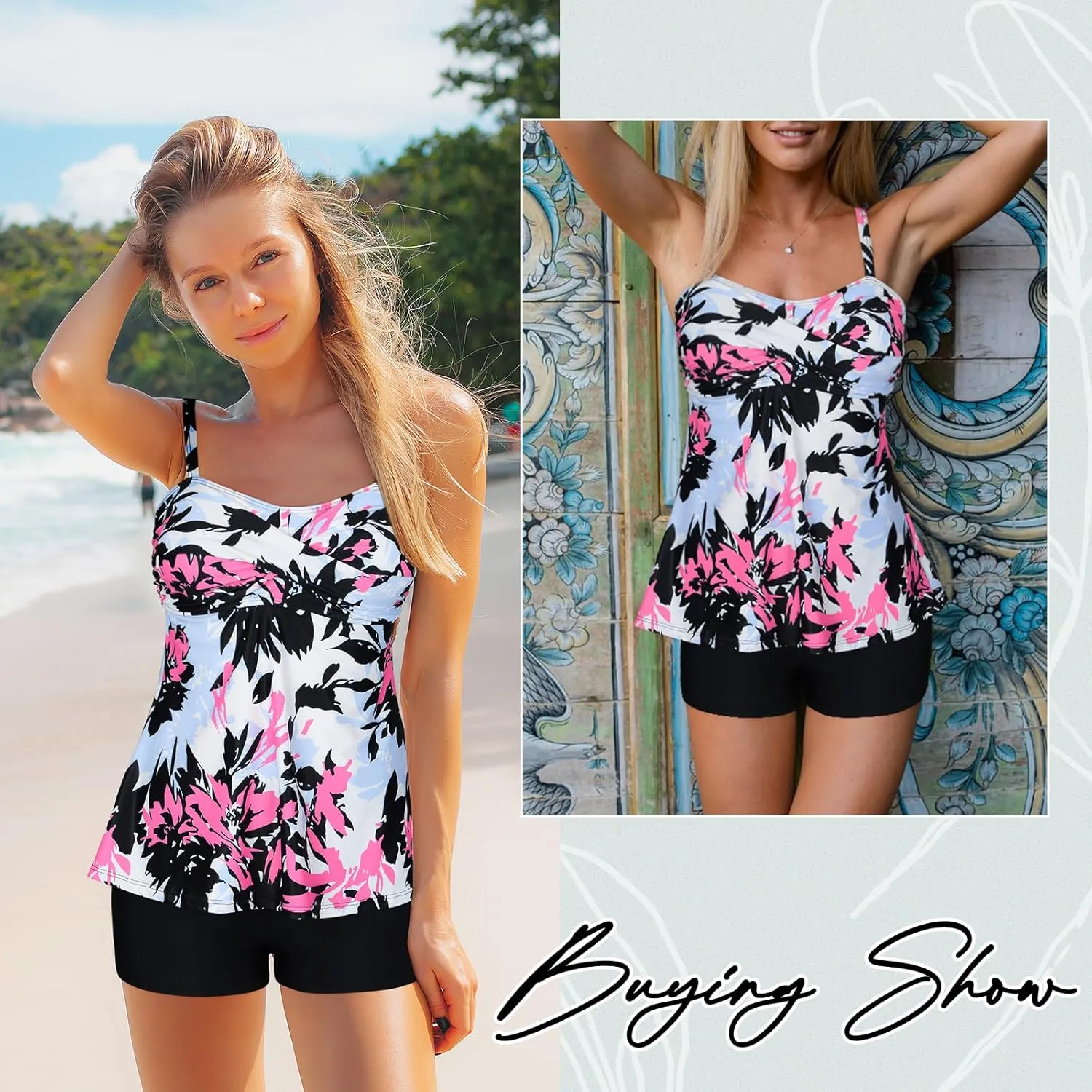 Century Star 2025 Two Piece Womens Tankini Swimsuits Modest Tankini Bathing Suit Tops with Shorts Tummy Control Swimwear