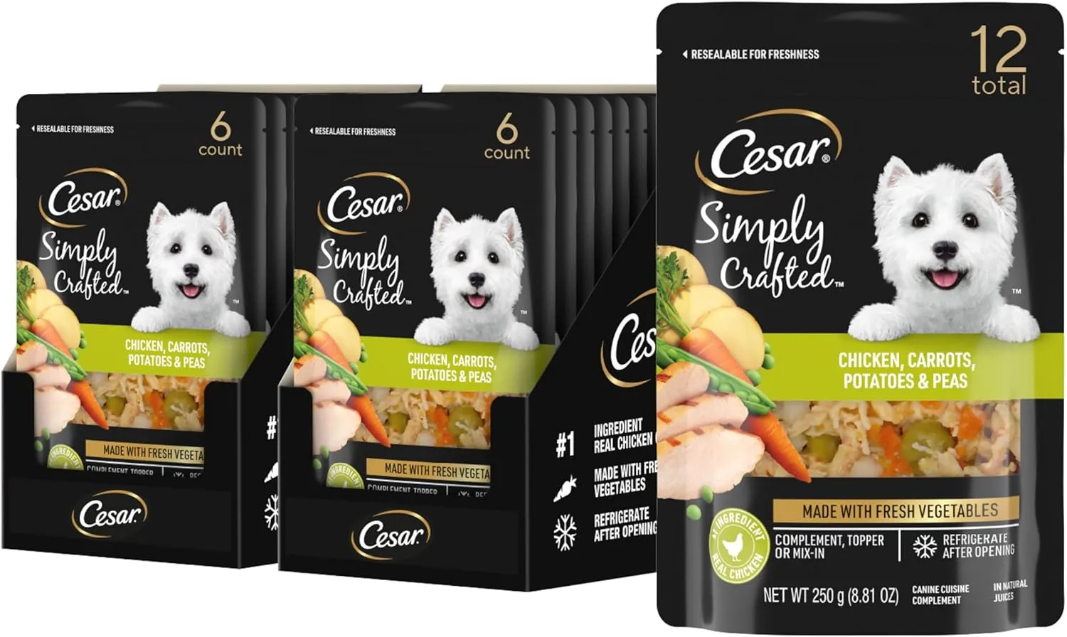 Cesar Simply Crafted Chicken, Carrots, Potatoes, & Peas Wet Dog Food Complement, 8.82 oz. Pouch (6 Count, Pack of 2)