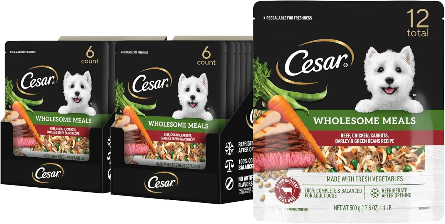 Cesar Wholesome Meals Beef, Chicken, Carrots, Barley & Green Beans Recipe, 17.6 oz. Pouch (6 Count, Pack of 2)