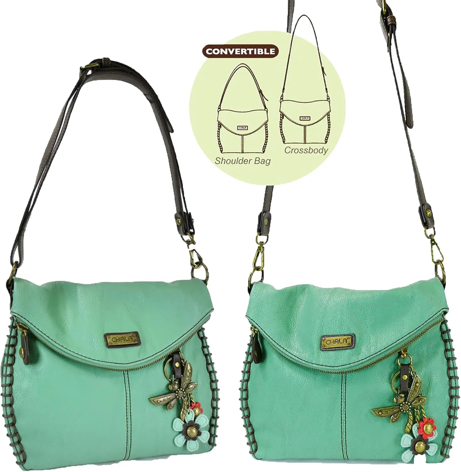 Chala Charming Teal Crossbody Bag With Flap Top and Zipper or Shoulder Handbag