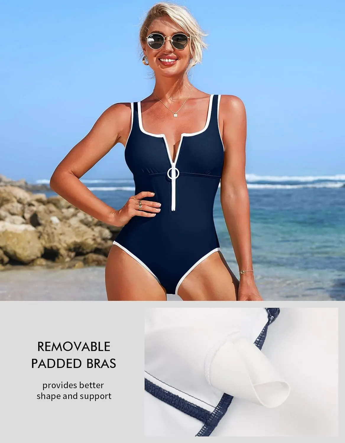 Charmo Women's One Piece Swimsuit Zipper Front Bathing Suits Square Round Neck Swimwear Low Back Monokini