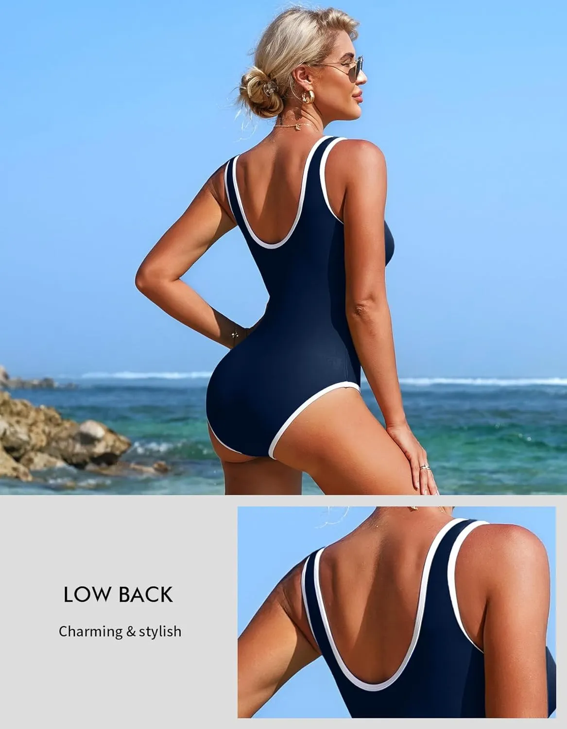 Charmo Women's One Piece Swimsuit Zipper Front Bathing Suits Square Round Neck Swimwear Low Back Monokini