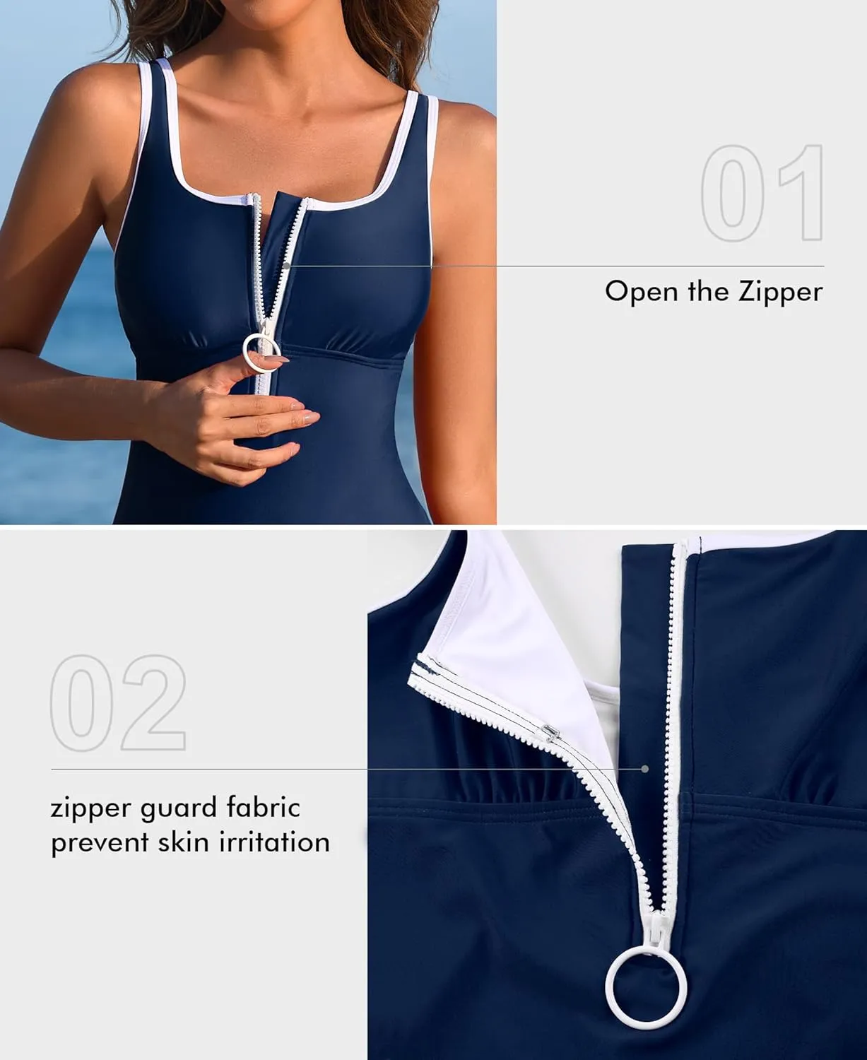 Charmo Women's One Piece Swimsuit Zipper Front Bathing Suits Square Round Neck Swimwear Low Back Monokini