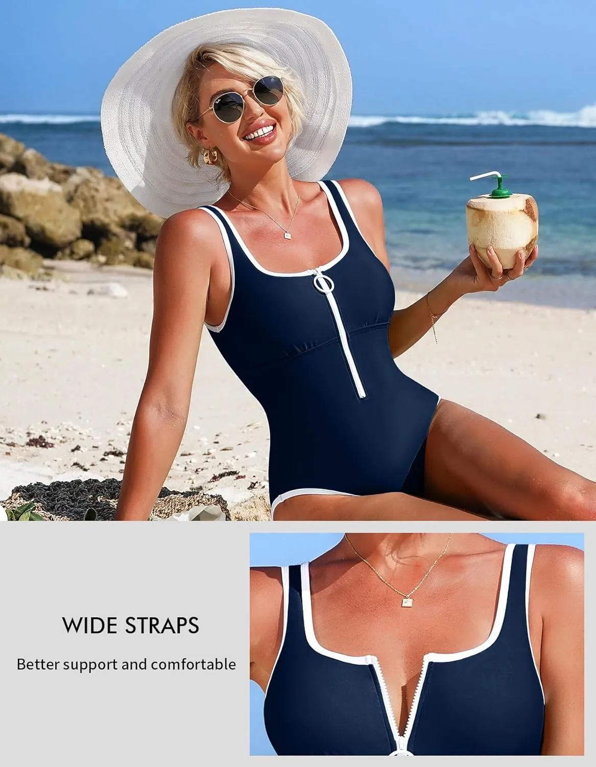 Charmo Women's One Piece Swimsuit Zipper Front Bathing Suits Square Round Neck Swimwear Low Back Monokini