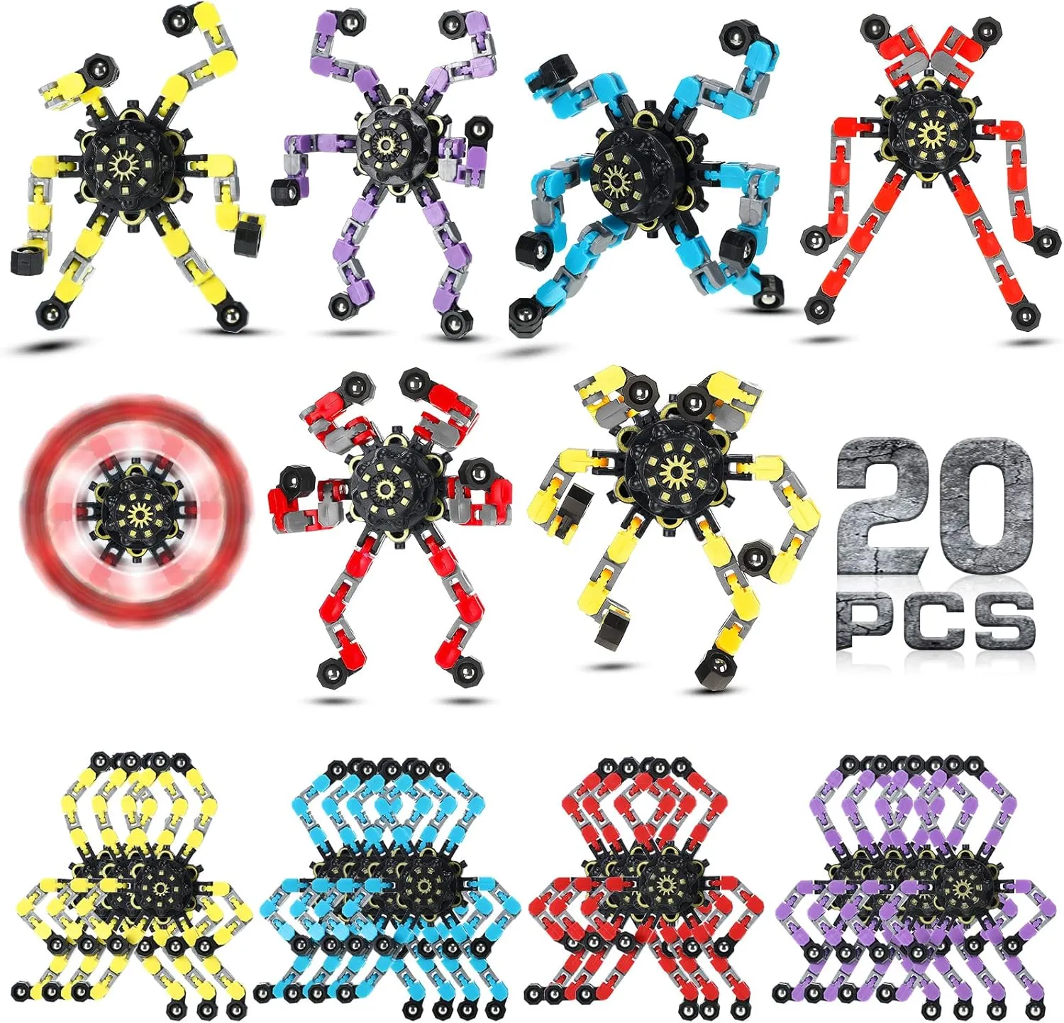 Charniol 20 Pcs Transformable Chain Robot Finger Spinner Robot Deformed Mechanical Spiral Twister Fingertip Spinners Spiral Twister Fingertip Decompression for Adults Teens