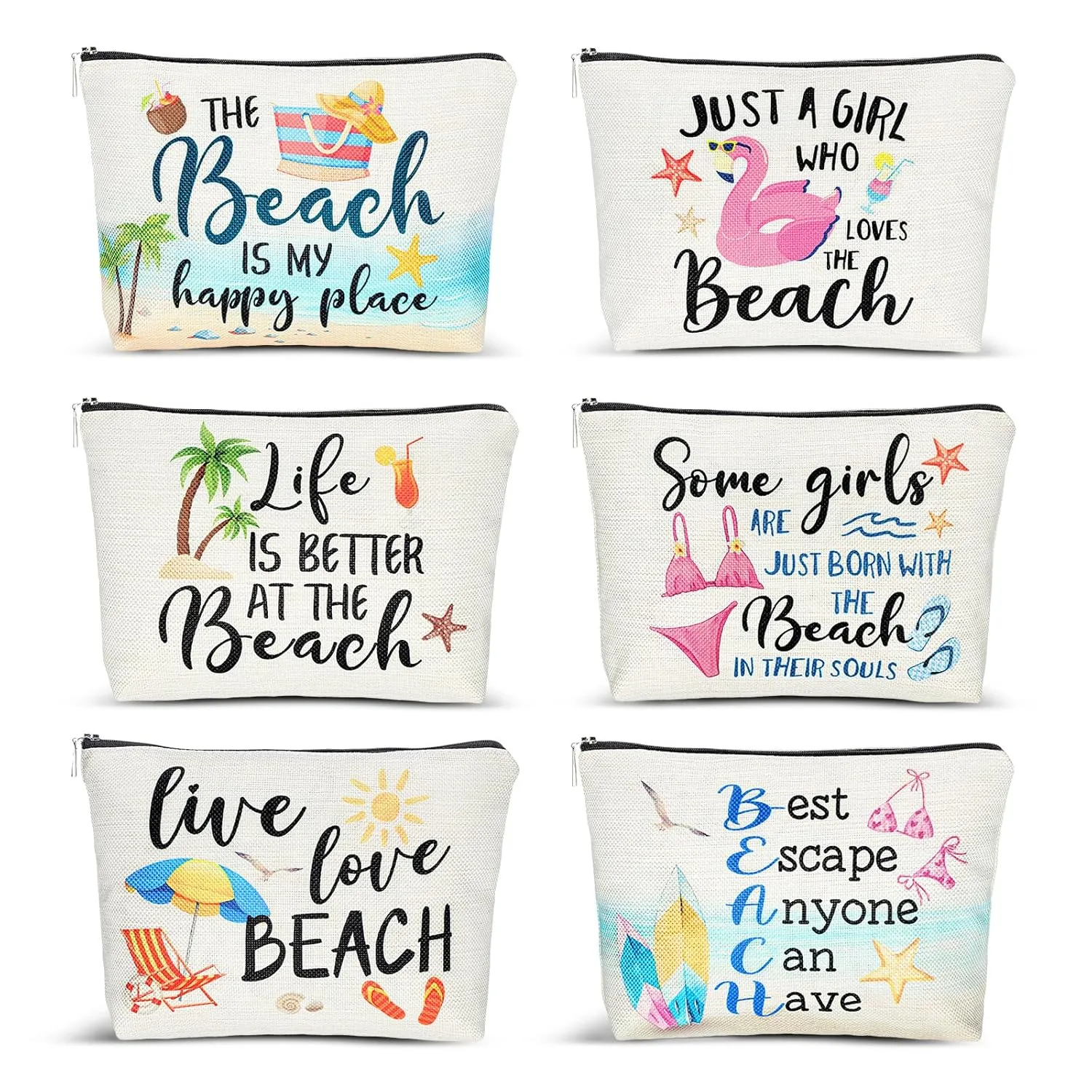 CHENGU 6 Pcs Beach Makeup Bag Summer Beach Essentials Kit Survival Kit Bag Inspirational Gifts for Women, Various Themes Makeup Pouches for Women Birthday Friend Teacher Graduation