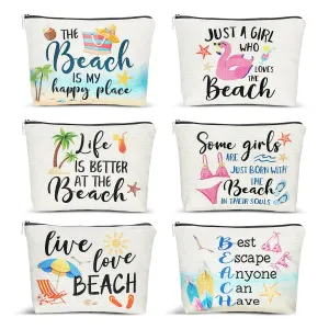 CHENGU 6 Pcs Beach Makeup Bag Summer Beach Essentials Kit Survival Kit Bag Inspirational Gifts for Women, Various Themes Makeup Pouches for Women Birthday Friend Teacher Graduation