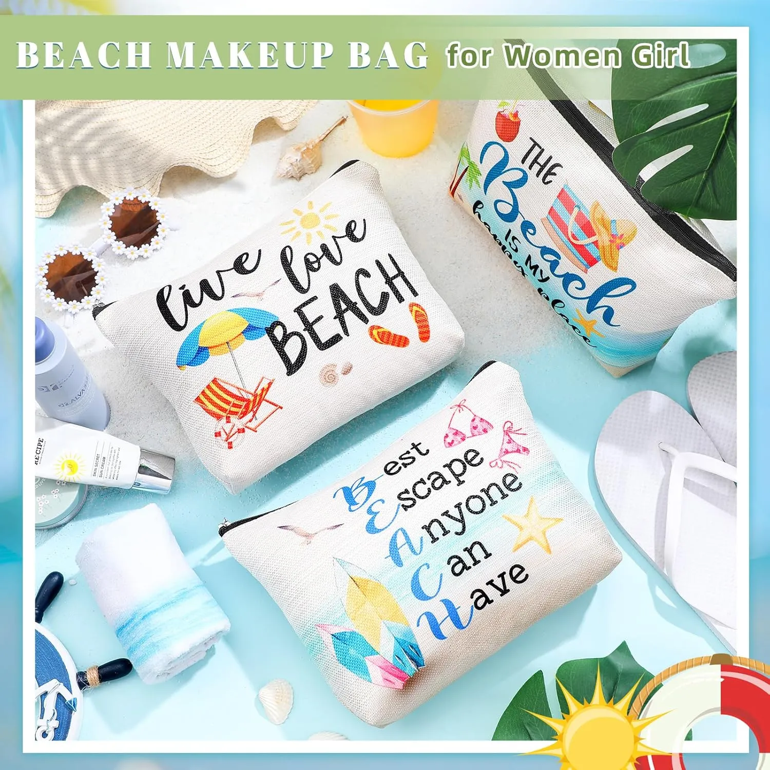CHENGU 6 Pcs Beach Makeup Bag Summer Beach Essentials Kit Survival Kit Bag Inspirational Gifts for Women, Various Themes Makeup Pouches for Women Birthday Friend Teacher Graduation