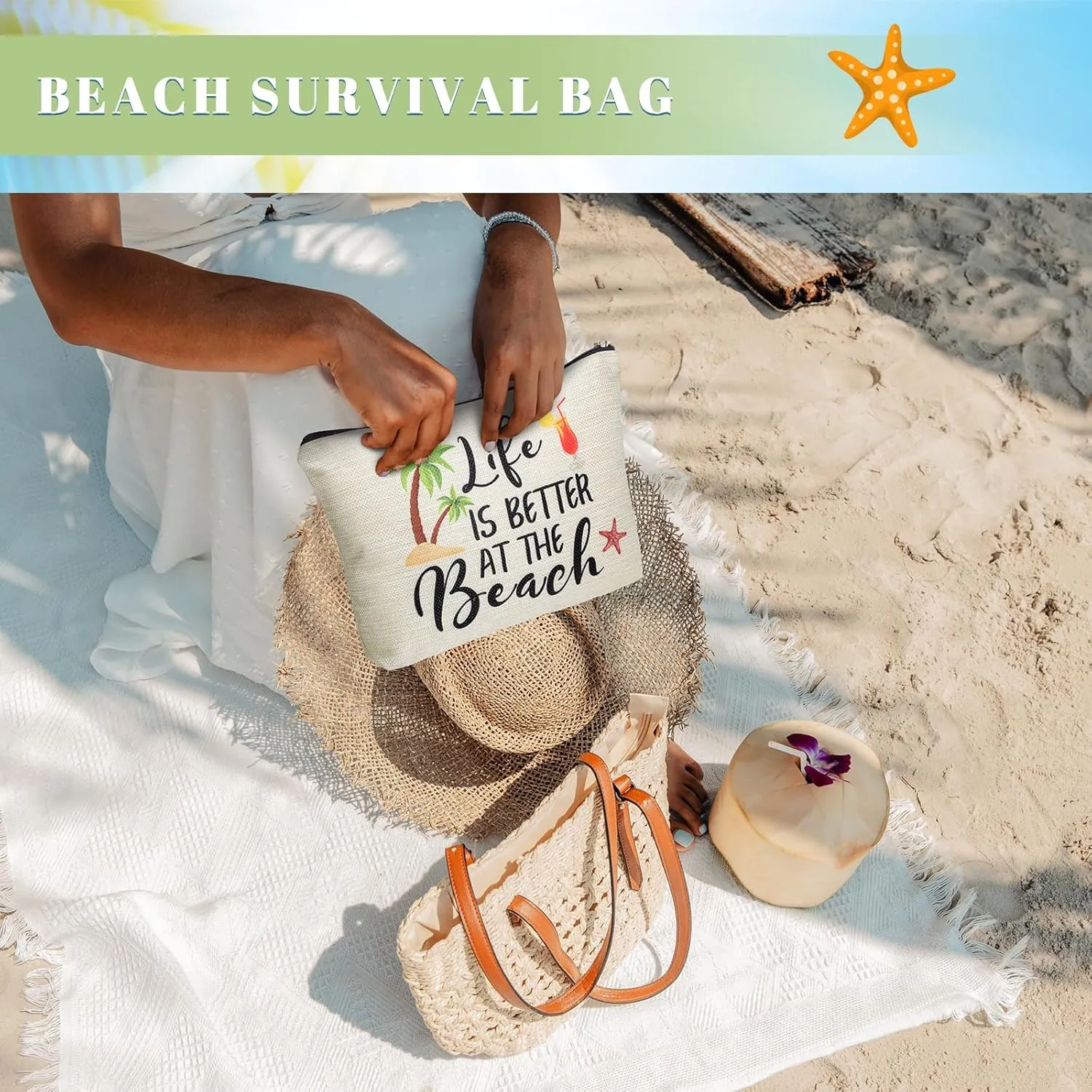 CHENGU 6 Pcs Beach Makeup Bag Summer Beach Essentials Kit Survival Kit Bag Inspirational Gifts for Women, Various Themes Makeup Pouches for Women Birthday Friend Teacher Graduation