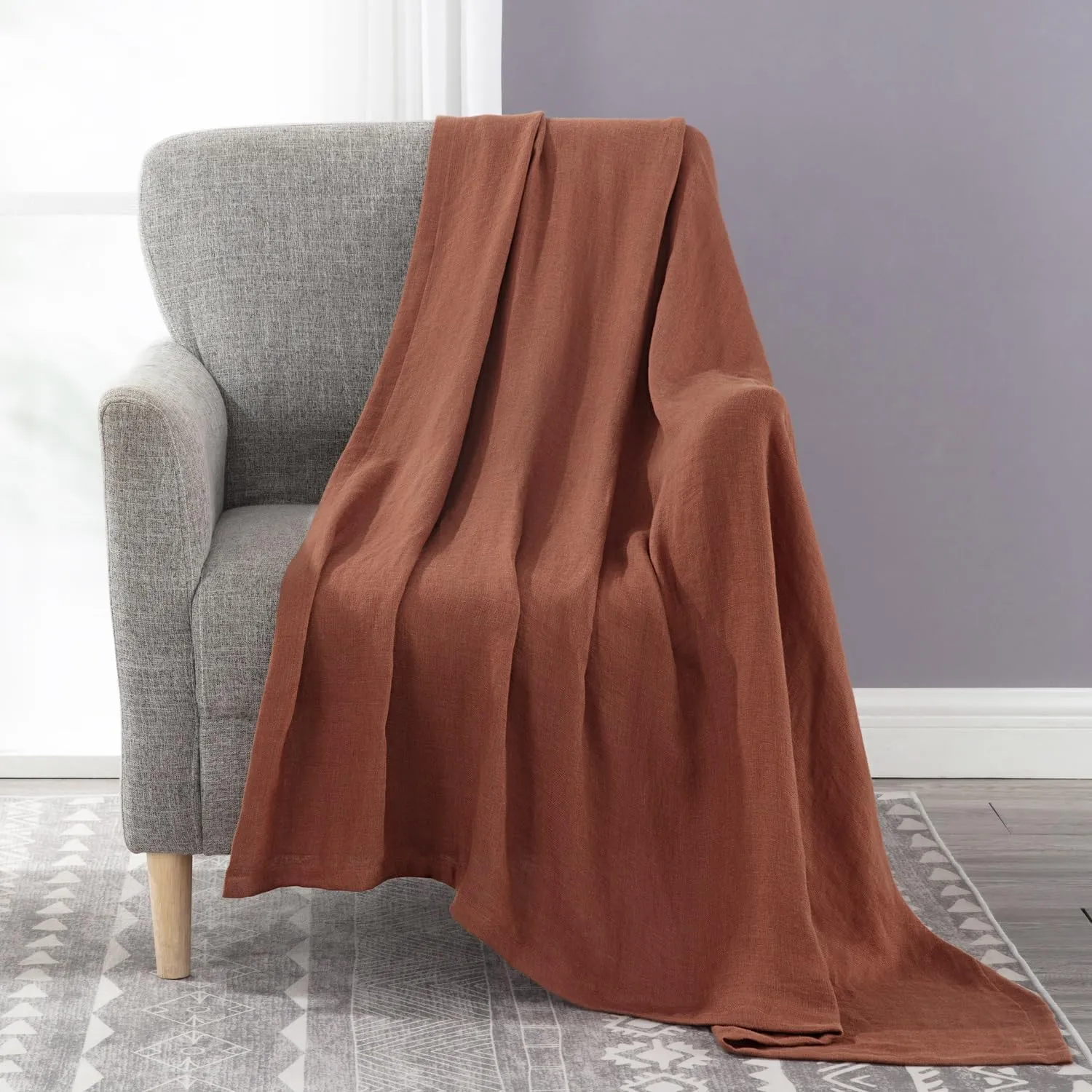 Chezmoi Collection Brussels Belgian Flax Linen Throw Blanket, 50" x 70" - Pre-Washed Super Soft Lightweight Breathable Summer Blanket Sedona Red Color for Living Room Couch & Bed