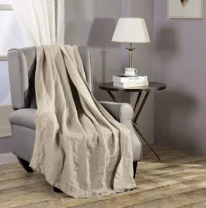 Chezmoi Collection Brussels Belgian Flax Linen Throw Blanket, 50" x 70" - Pre-Washed Super Soft Lightweight Breathable Summer Blanket Undyed Linen Color for Living Room Couch & Bed
