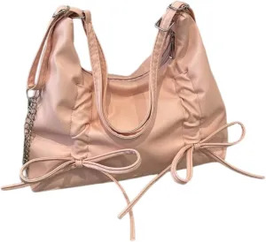 Chic Tote PU Bag for Women Cute Bow Detail Soft Waterproof Material Versatile for Travel and Work (Pink)