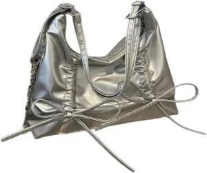 Chic Tote PU Bag for Women Cute Bow Detail Soft Waterproof Material Versatile for Travel and Work (Silver)