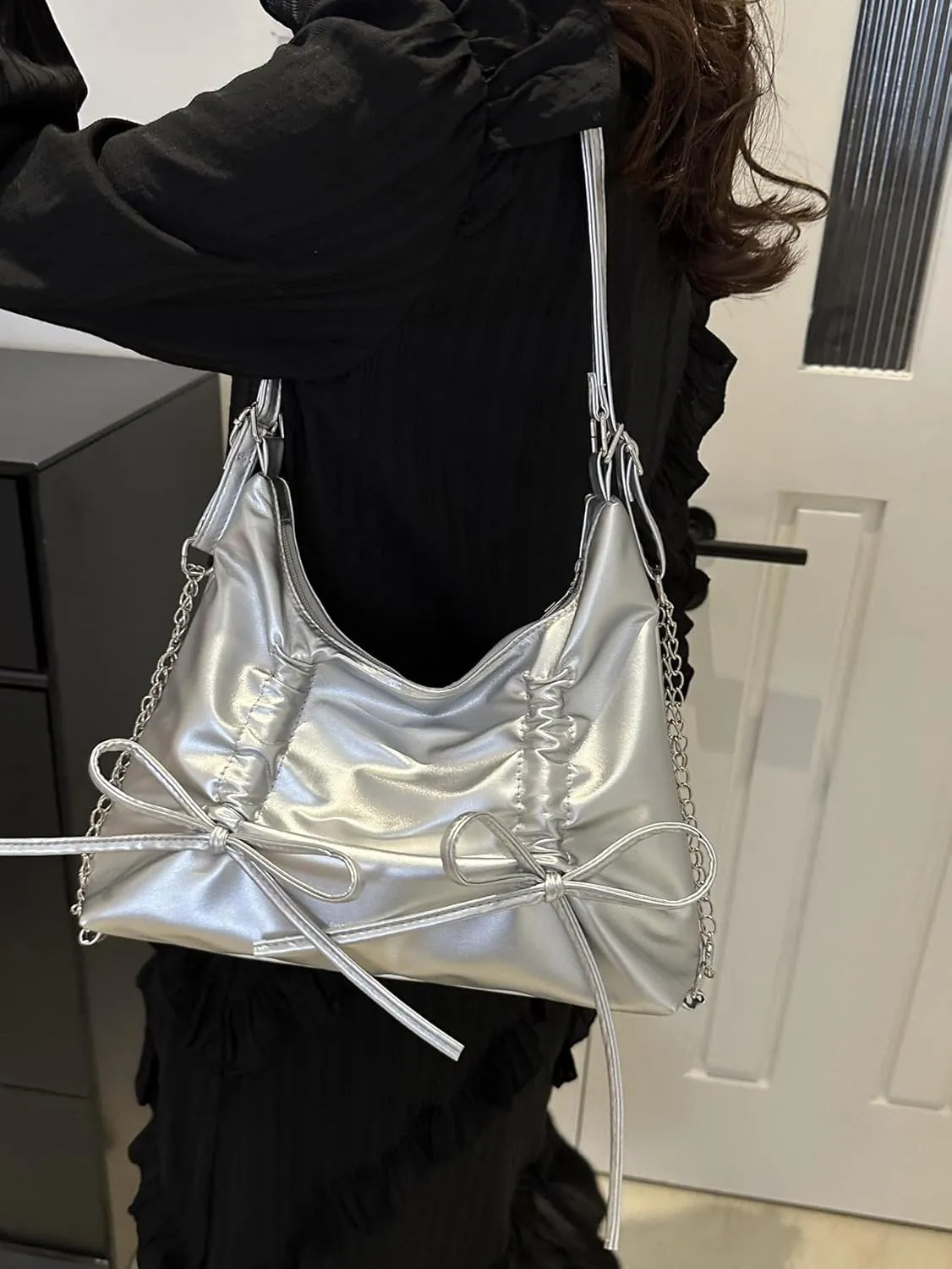 Chic Tote PU Bag for Women Cute Bow Detail Soft Waterproof Material Versatile for Travel and Work (Silver)